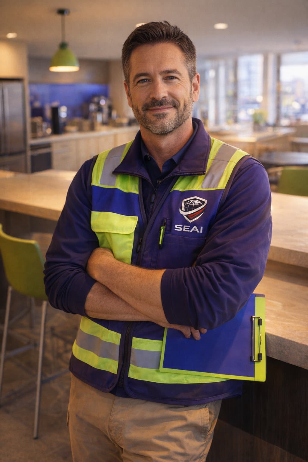SEAI Global safety consultant in a workplace setting, Friday end-of-week vibe, portrait orientation