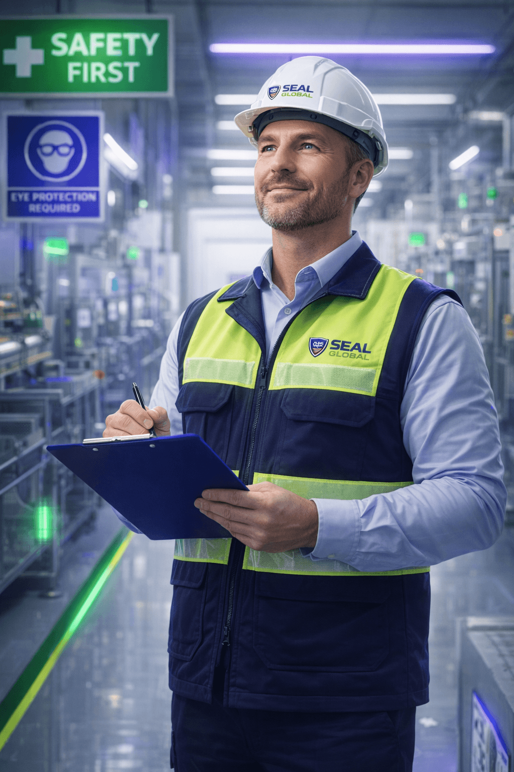 Safety consultant performing a workplace inspection at an industrial facility