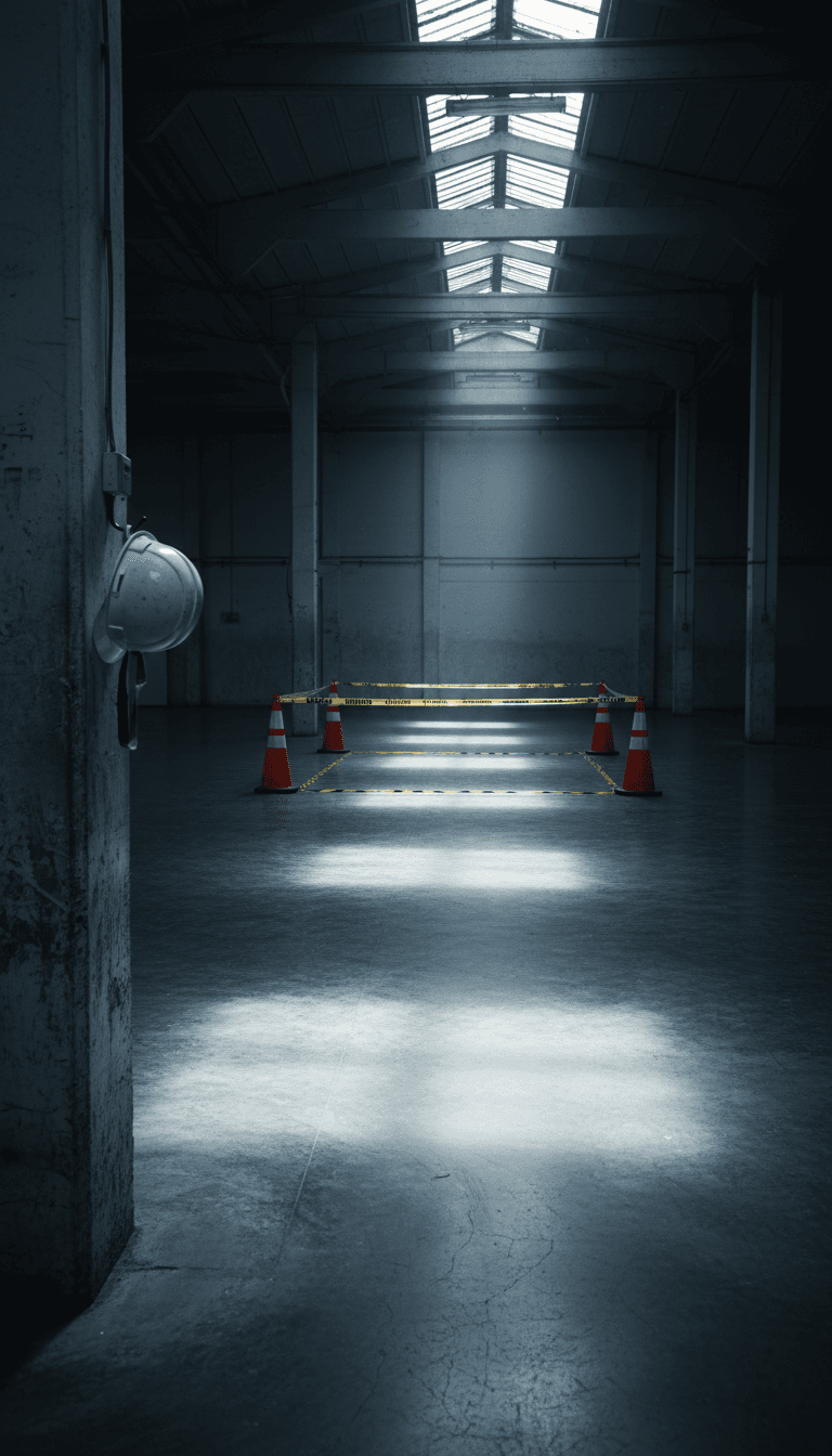 Empty warehouse aisle with safety cones and incident markers