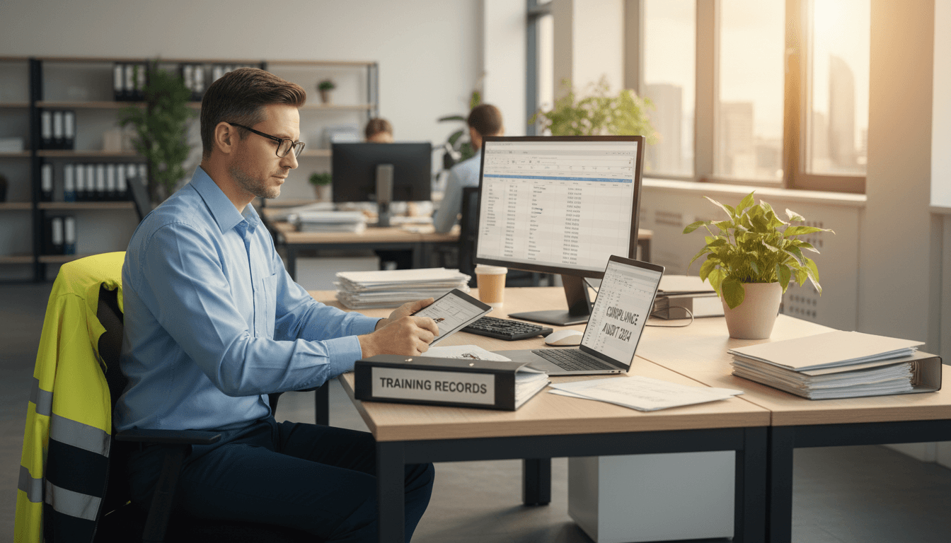 Safety consultant reviewing OSHA training records and compliance documents