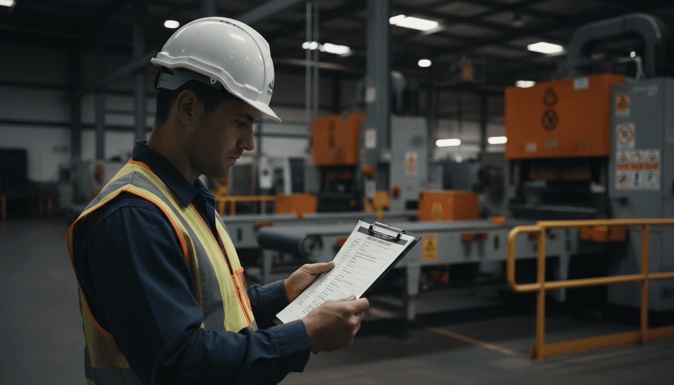 Safety consultant reviewing workplace compliance documentation in an industrial facility