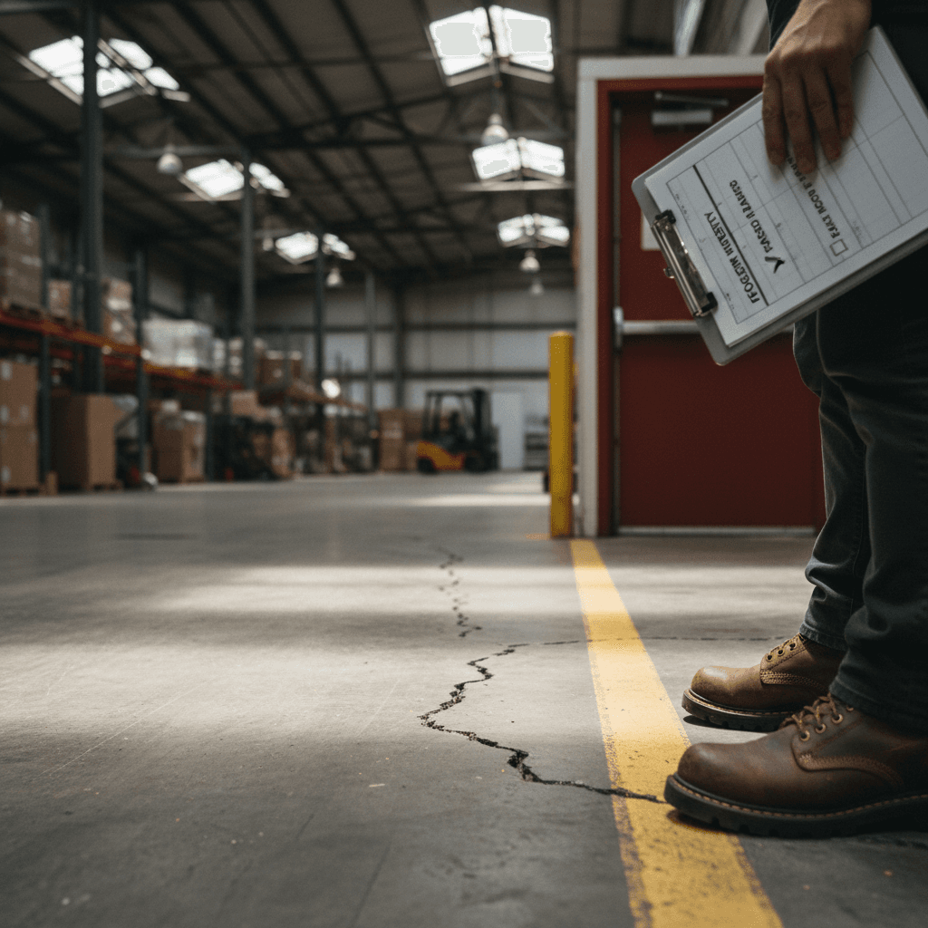 Safety consultant inspecting a cracked warehouse floor near an exit