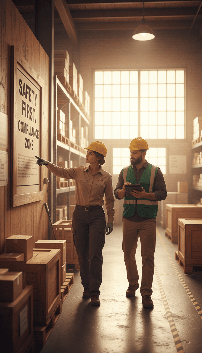 Two safety consultants reviewing compliance during facility walkthrough