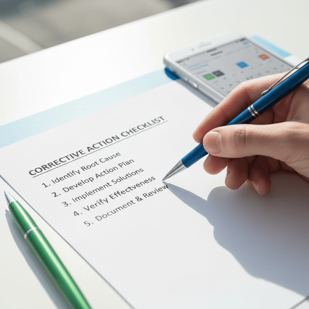 Safety consultant pointing to corrective action checklist on a desk