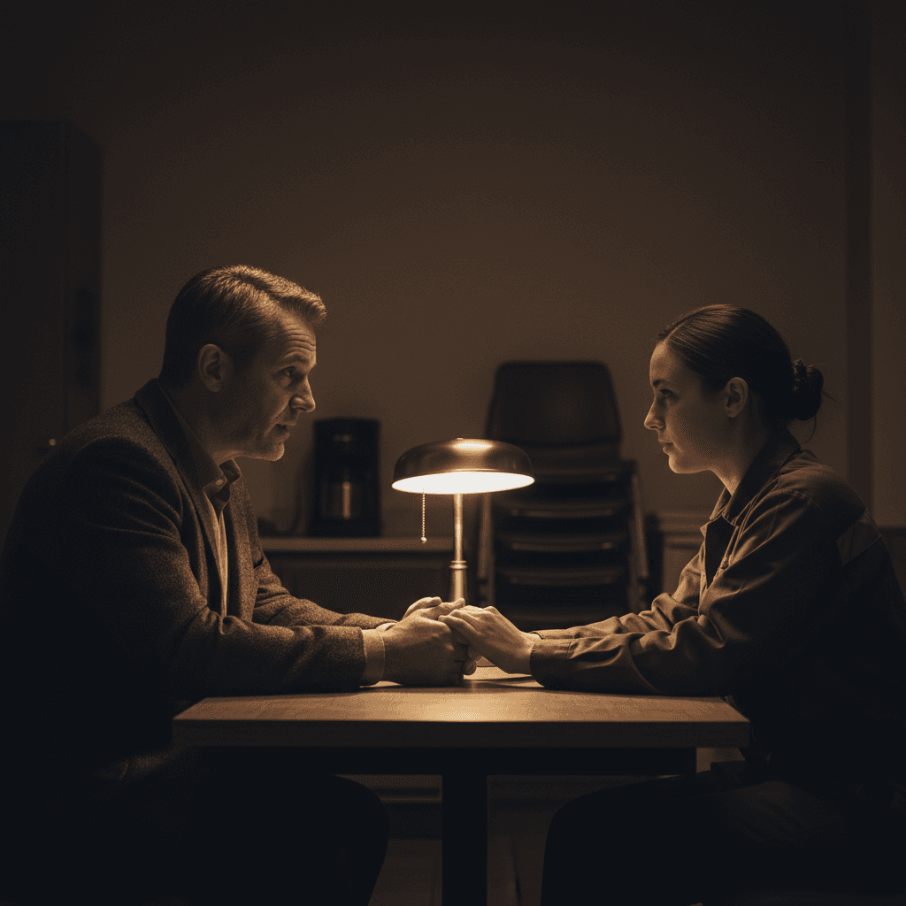 Safety consultant interviewing an employee in a break room during investigation