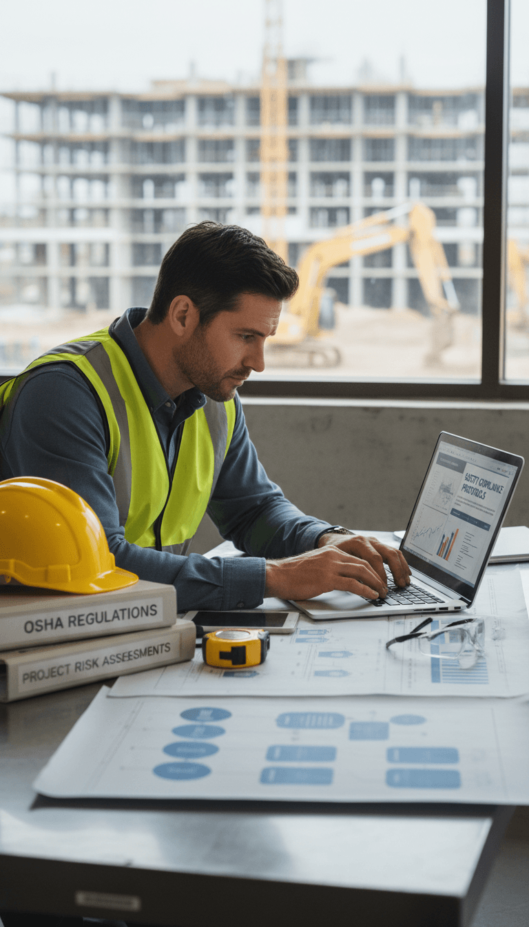 Safety training course on a laptop screen with hard hat nearby