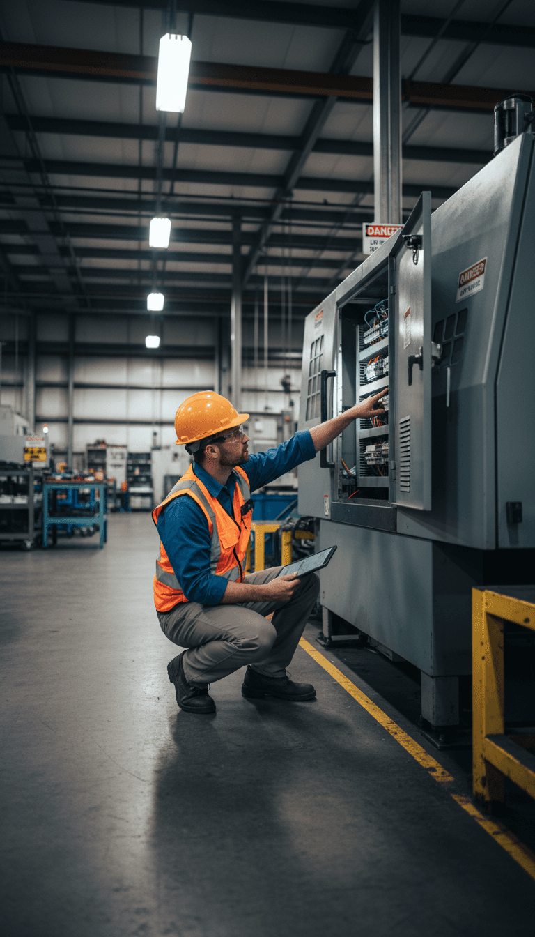 Safety consultant inspecting electrical panel during walkthrough