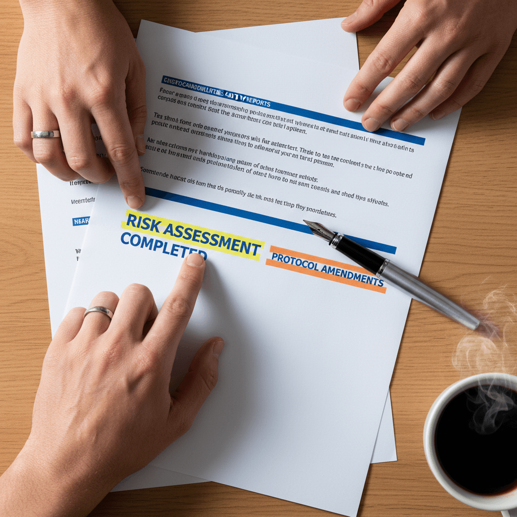 Hands reviewing printed accident investigation report with highlighted sections