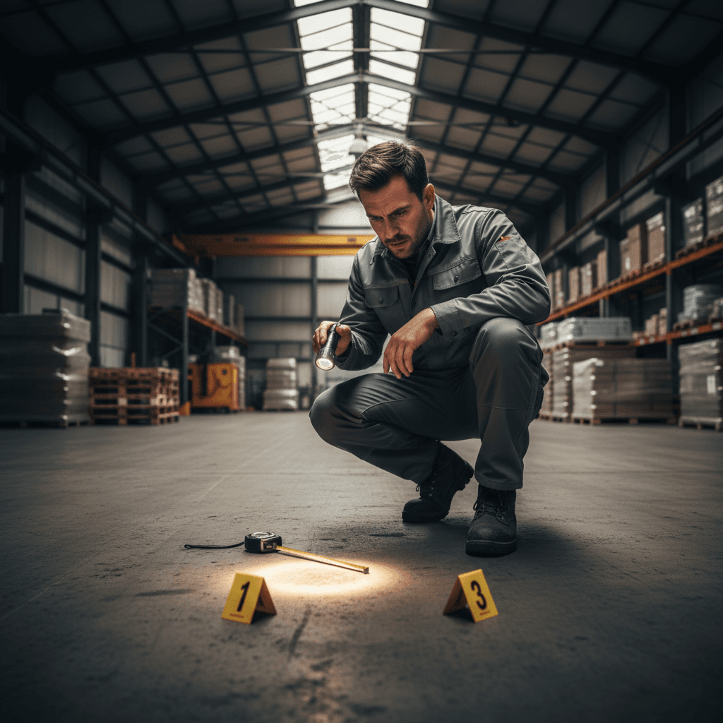 Safety consultant inspecting warehouse floor with evidence markers