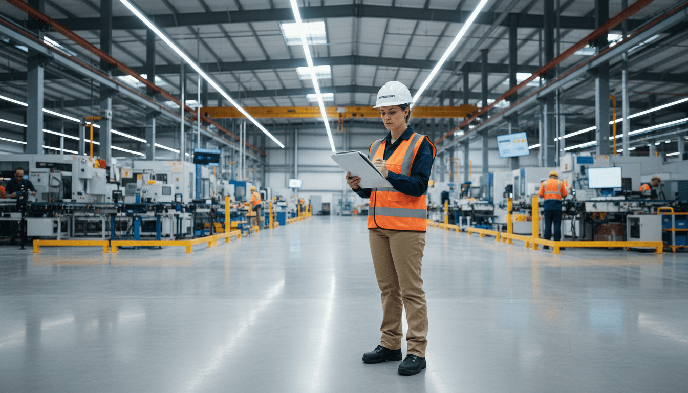 Safety consultant reviewing a clipboard inside an industrial facility