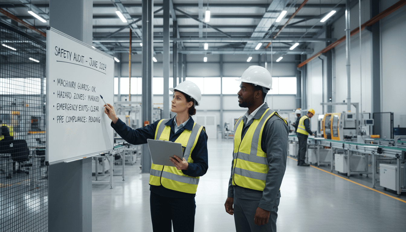 Safety consultant reviewing notes with clipboard in modern industrial facility