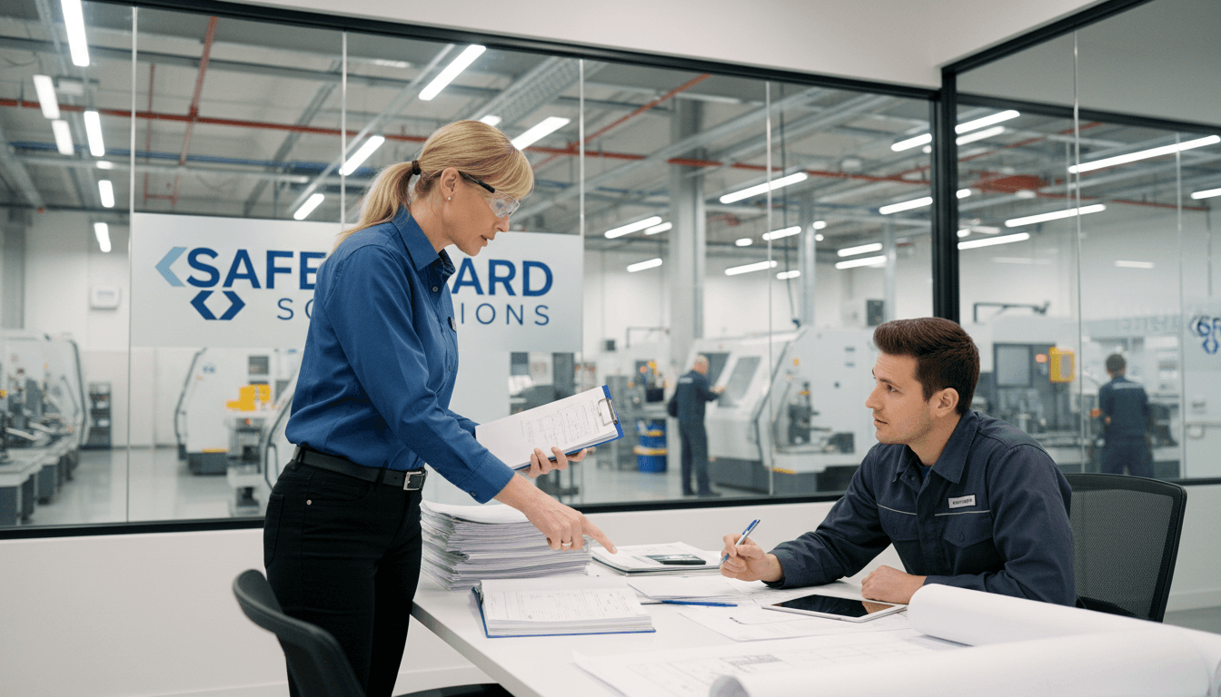 Safety consultant reviewing workplace safety documents in a bright office