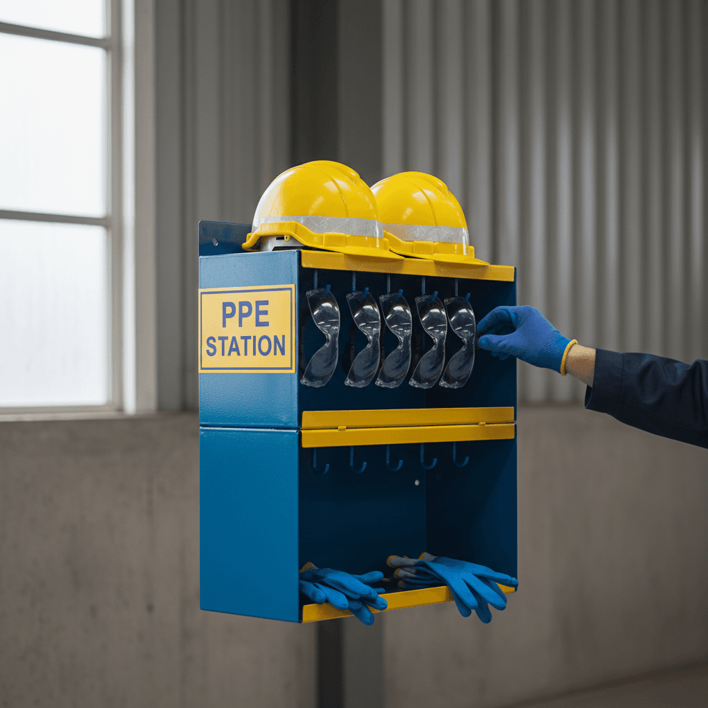 PPE station with safety gear being checked by inspector