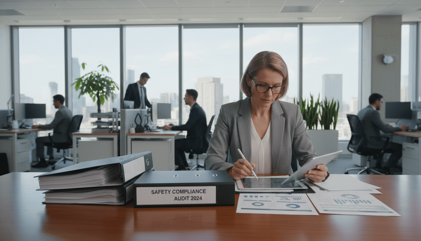 Safety consultant reviewing OSHA compliance documentation at desk
