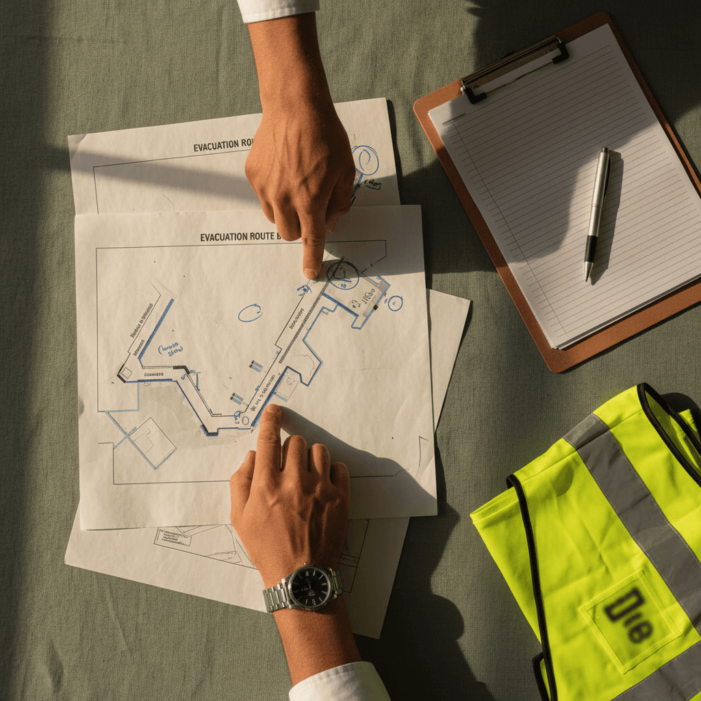 Evacuation map on table with consultant's hand