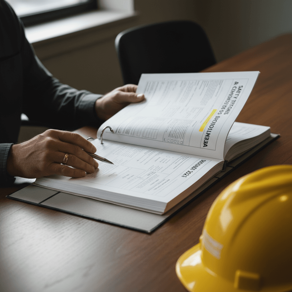 Safety consultant reviewing Joint Commission accreditation documents
