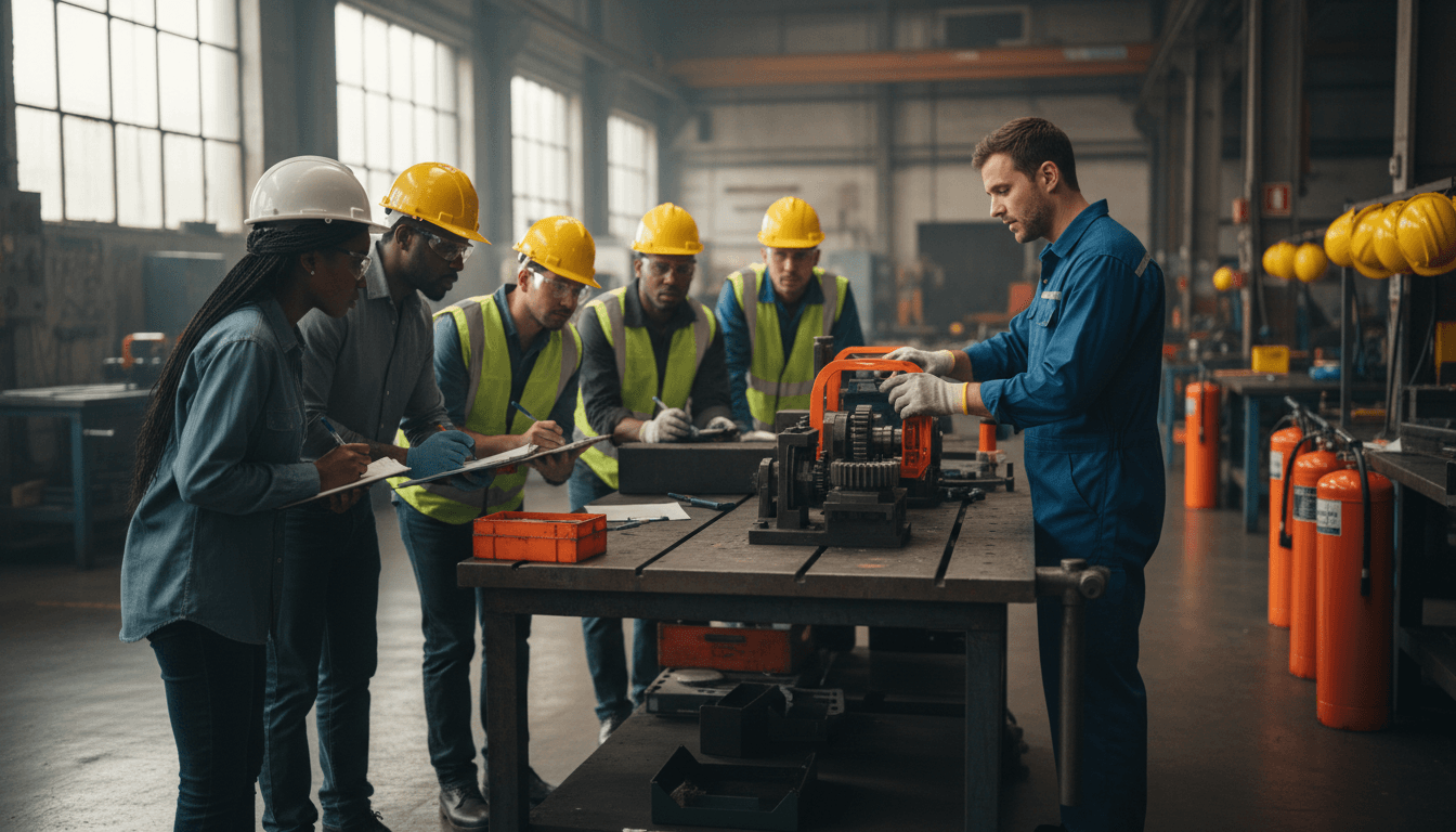 Safety training session with instructor demonstrating proper workplace protocols to attentive employees