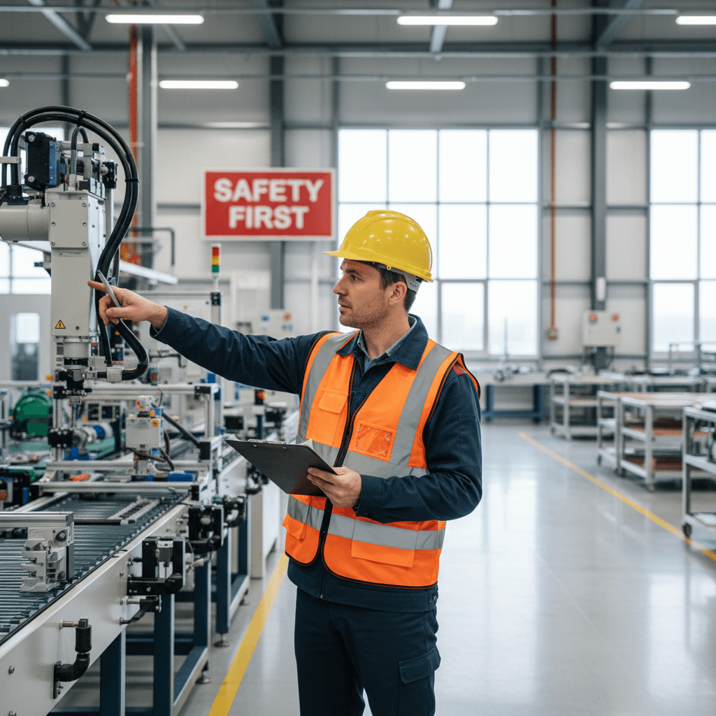Safety consultant inspecting machinery in a manufacturing facility, ensuring compliance