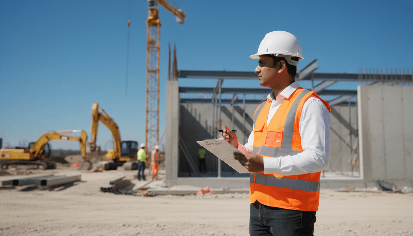 Safety consultant in hard hat and vest inspecting construction site with clipboard.