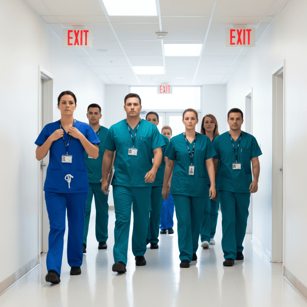 Healthcare staff walking out during fire drill