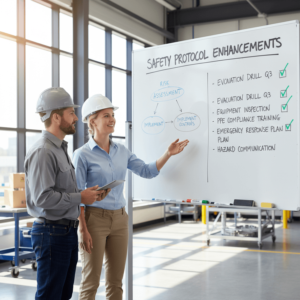 Safety consultant and facility manager reviewing whiteboard with implementation plan