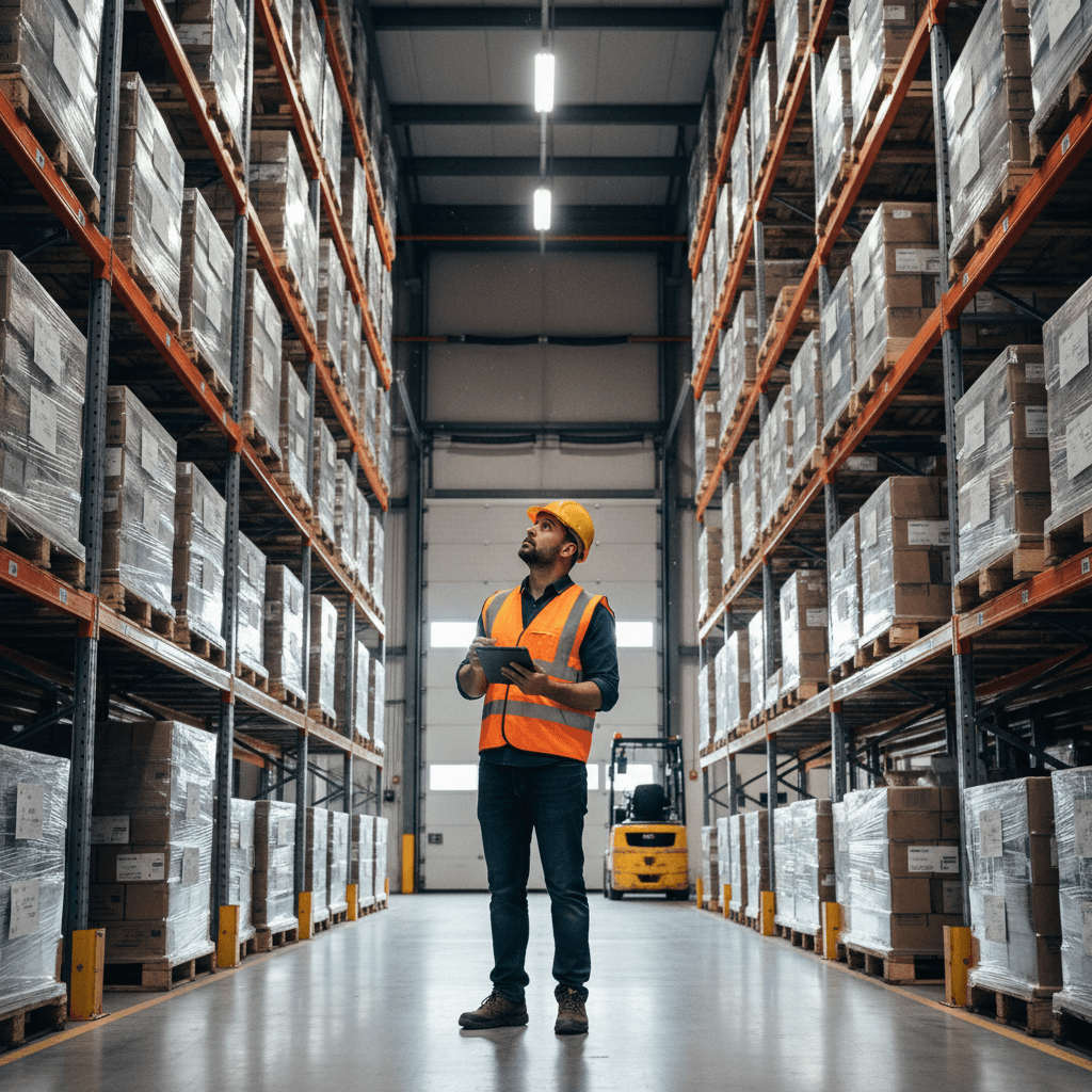 Safety consultant performing an onsite OSHA inspection in a warehouse