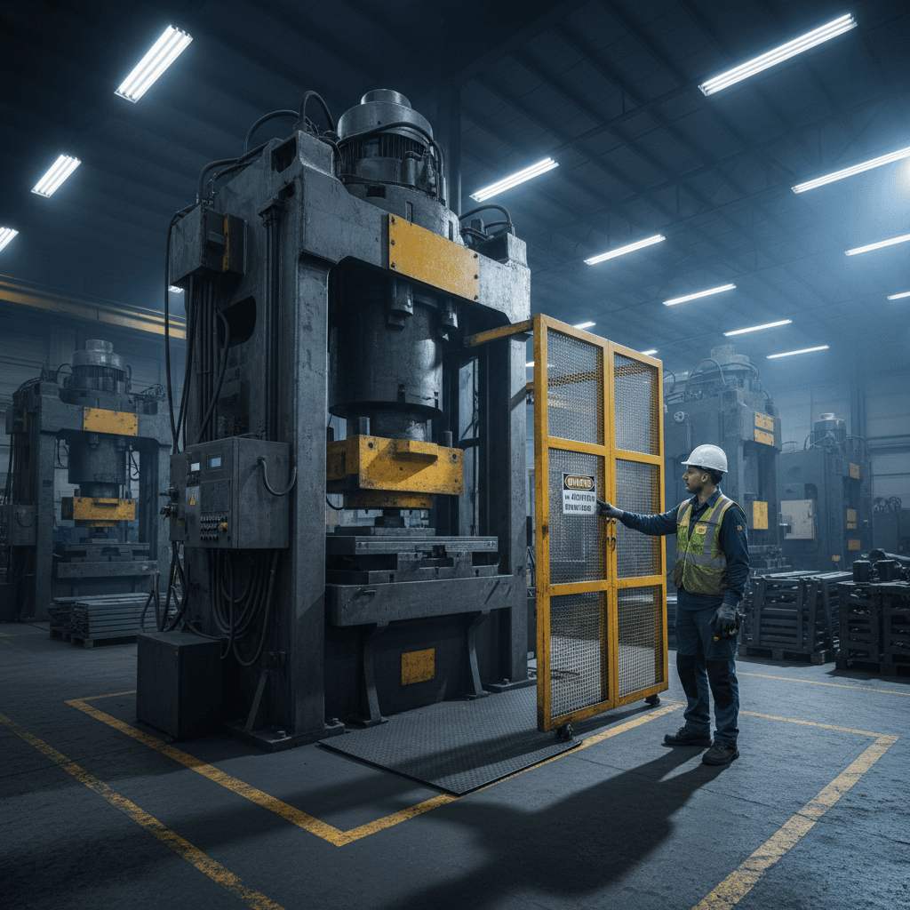 Inspector examining machine guarding on a factory press