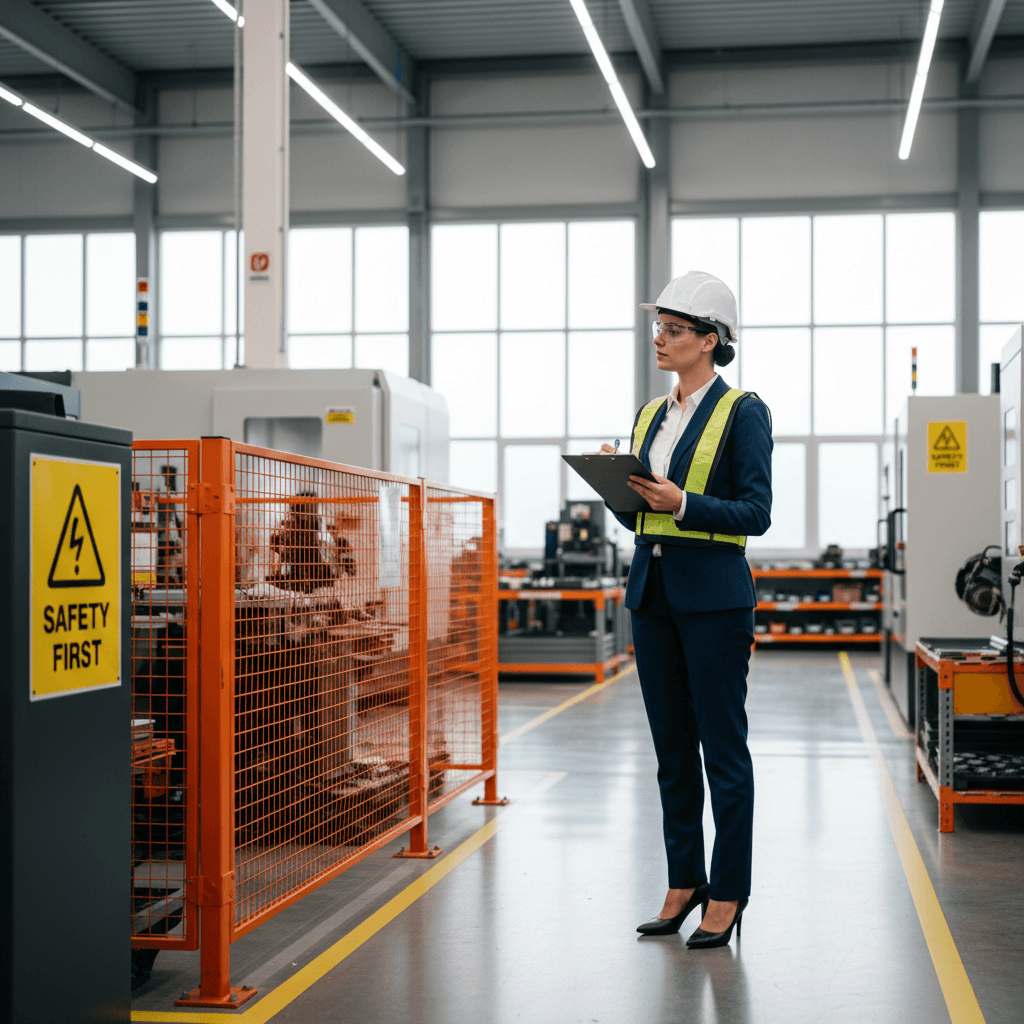Safety consultant inspecting equipment in a modern industrial facility.