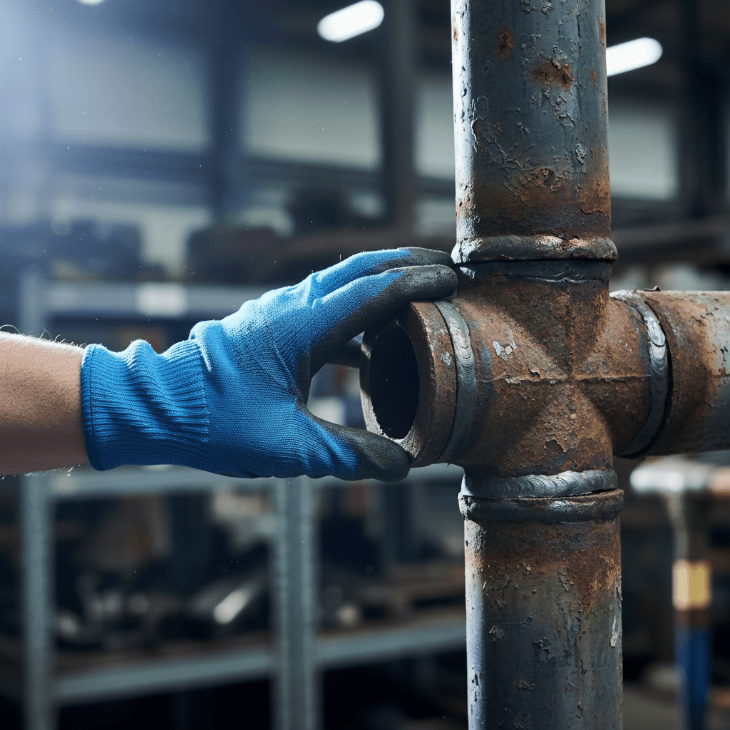 Safety consultant inspecting a pipe joint in an industrial setting
