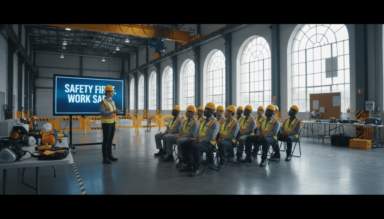 Professional safety trainer presenting OSHA training to workers in an industrial facility