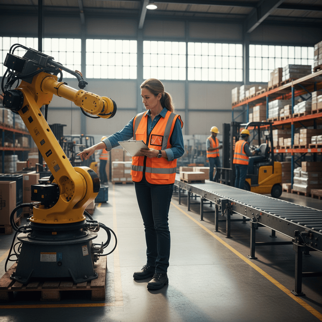 Safety consultant conducting workplace inspection in industrial facility