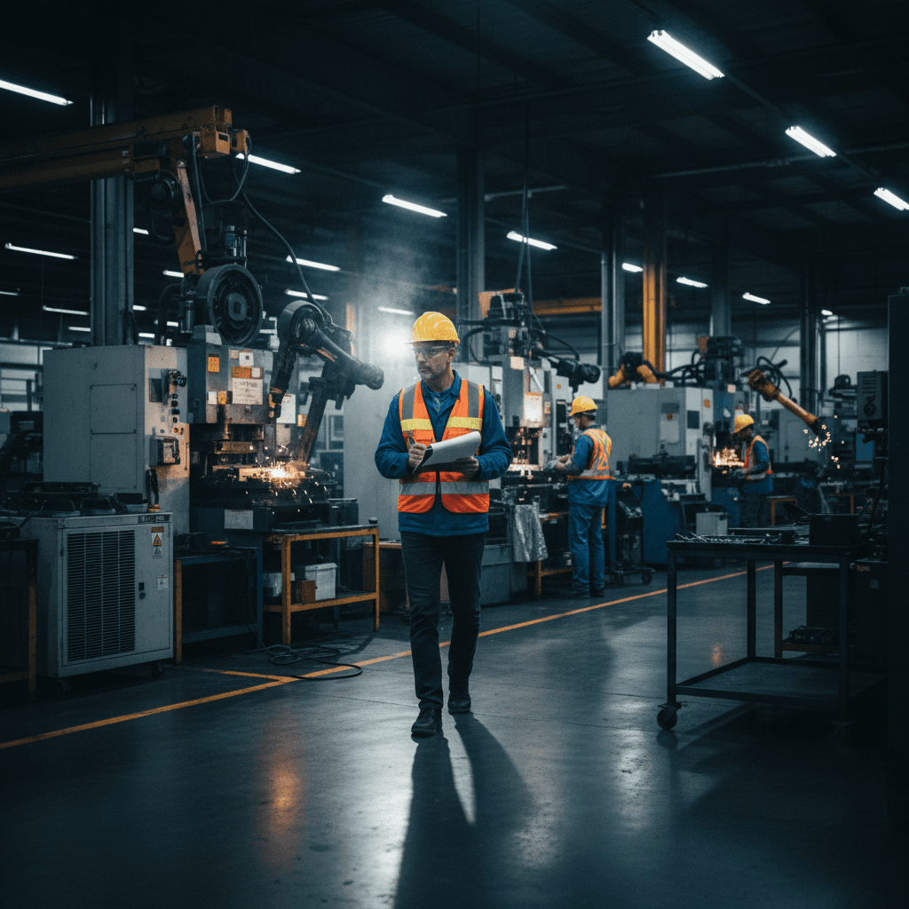 Safety consultant conducting a mock OSHA walkthrough on a factory floor