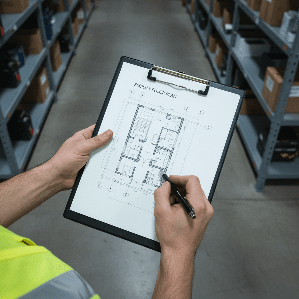 Safety inspector reviewing facility floor plan on clipboard