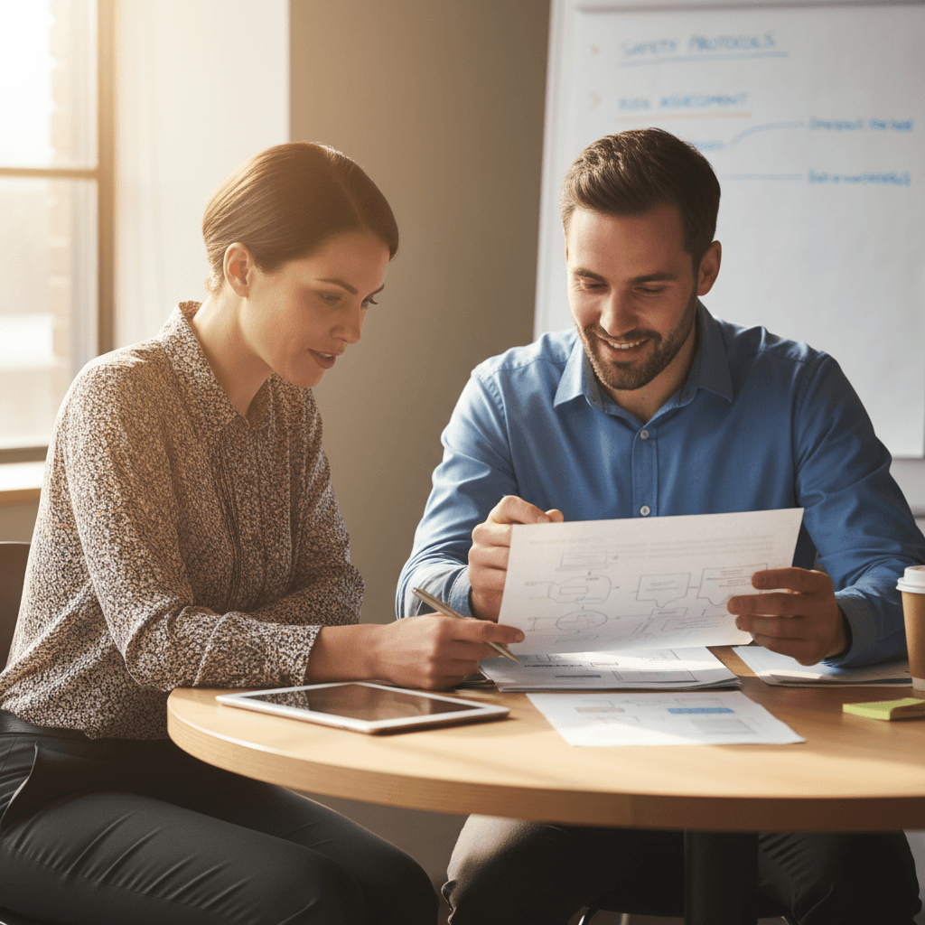Safety consultant reviewing a remediation plan with a facility manager