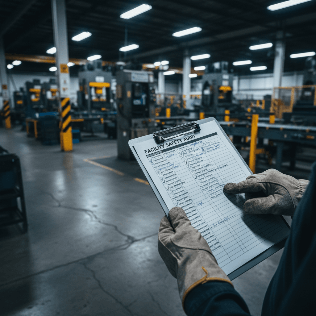 Safety consultant holding clipboard with inspection checklist in manufacturing facility