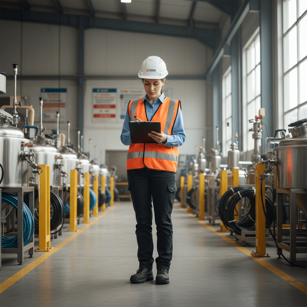 safety consultant reviewing clipboard checklist in industrial facility