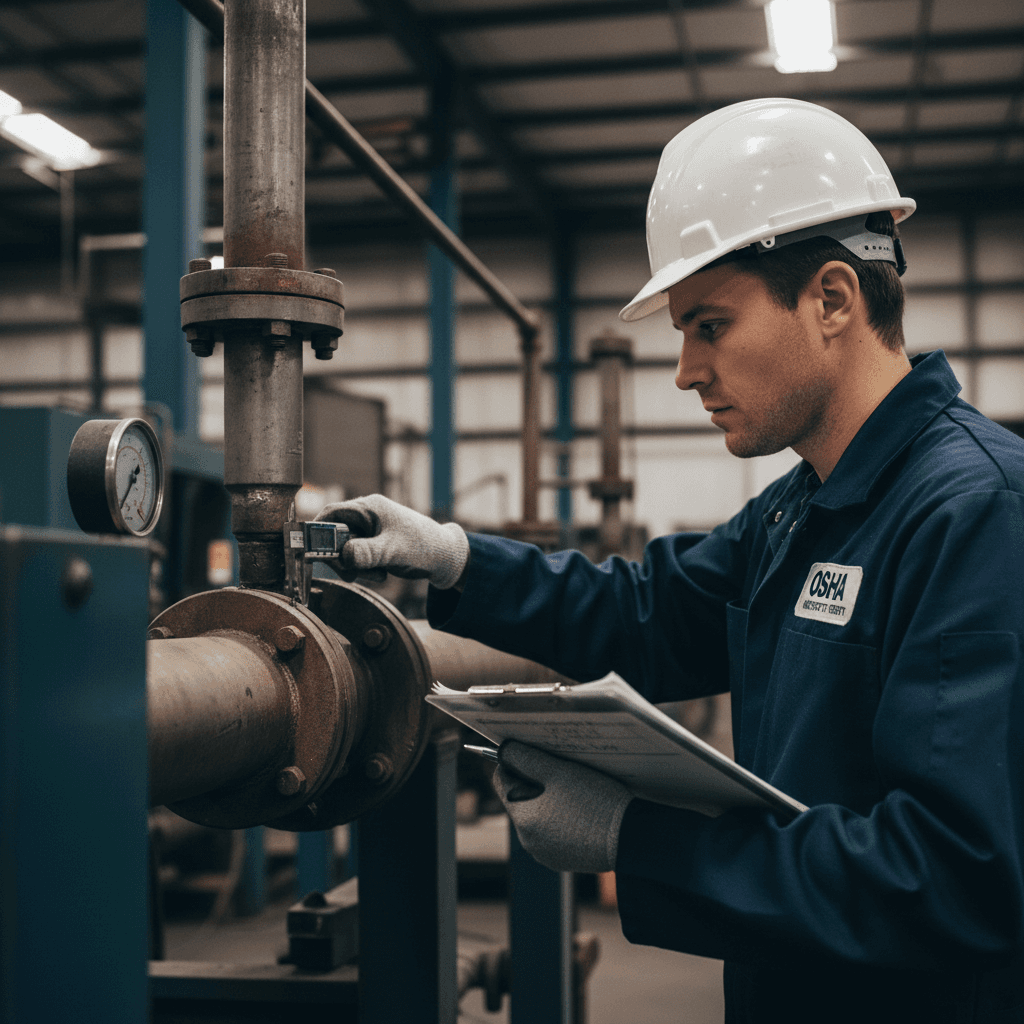 Professional safety inspector conducting workplace hazard assessment