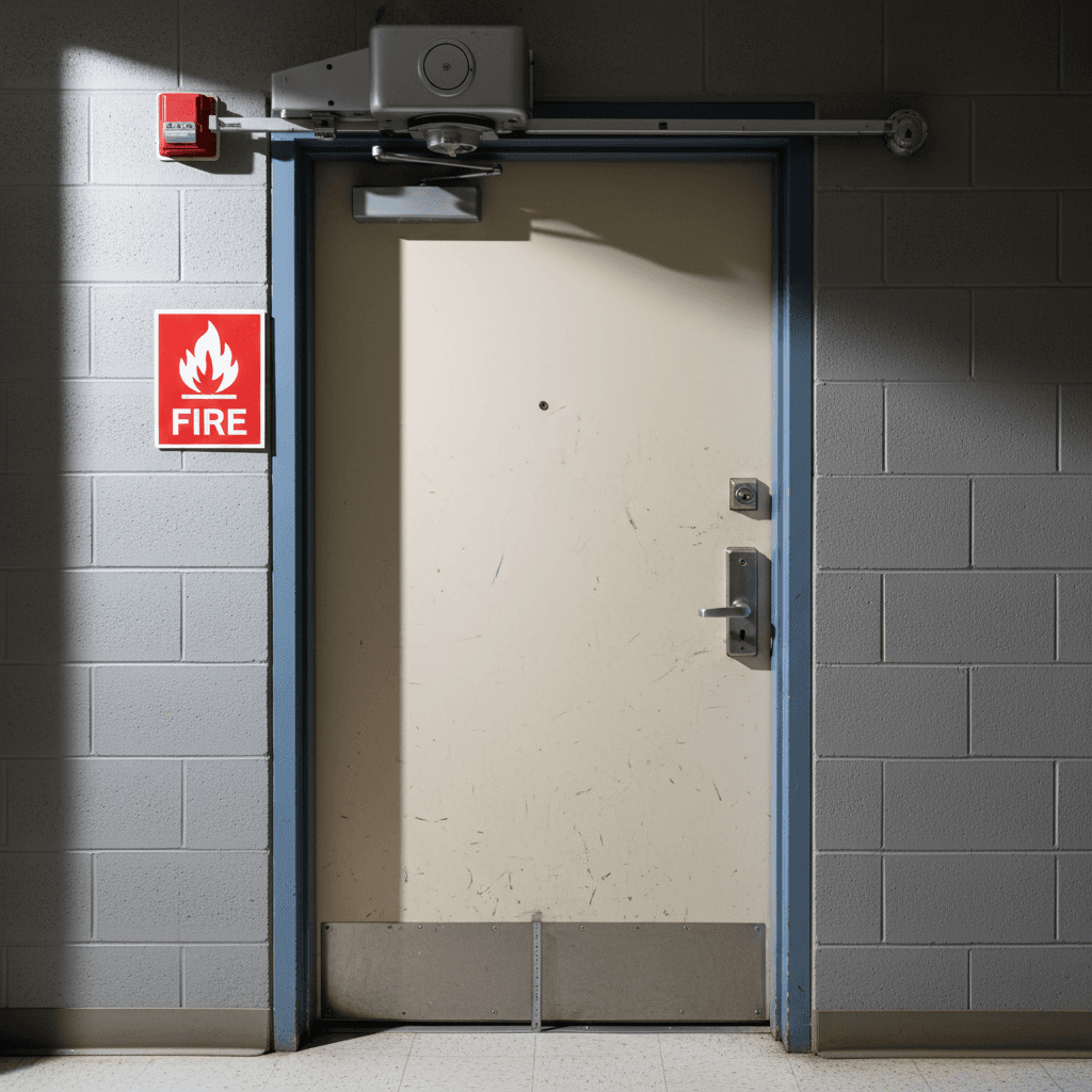 Fire-rated door with closer and sign detail