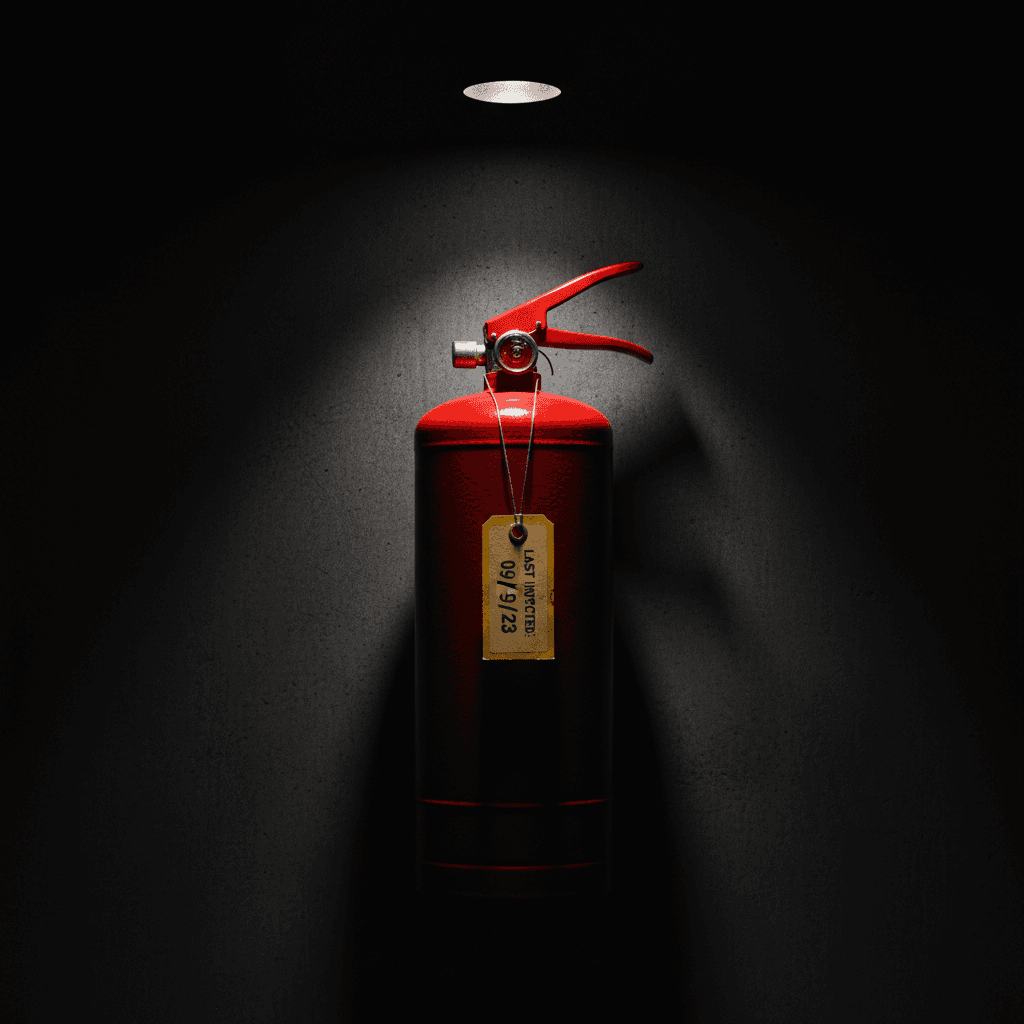 Fire extinguisher on wall with inspection tag