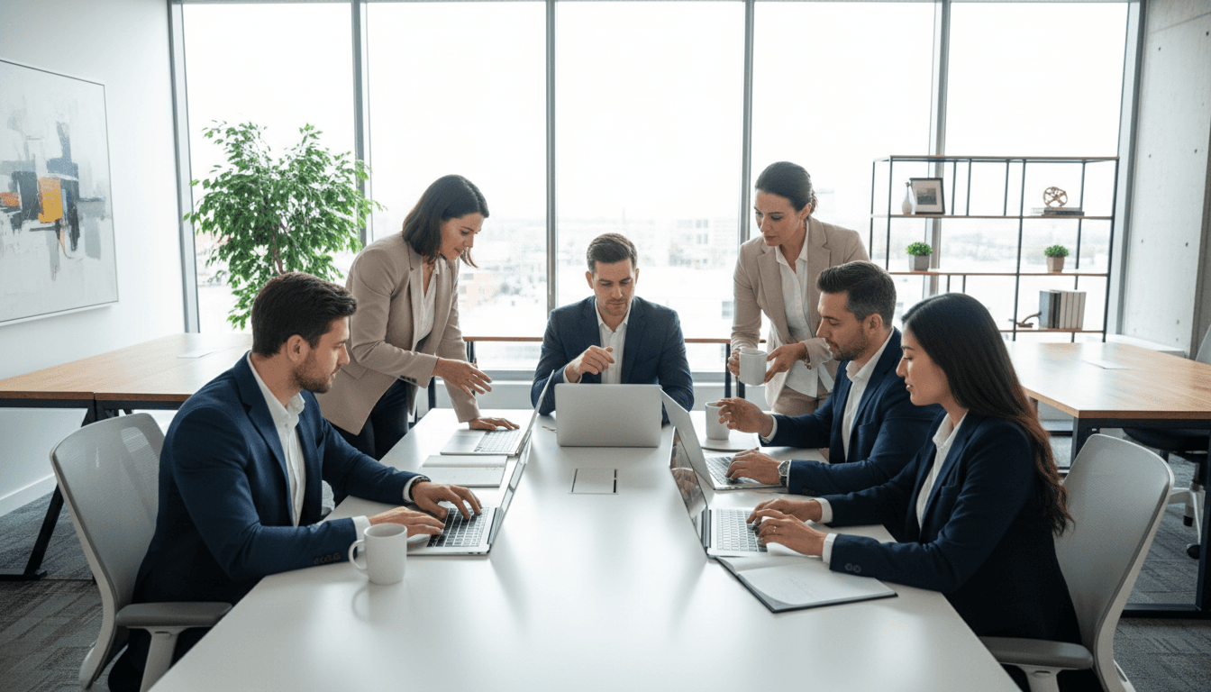Professional business team in modern office with natural lighting and laptops