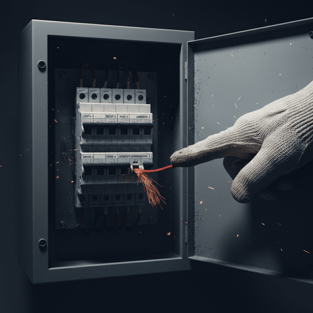 Close-up of electrical panel with frayed wire being inspected