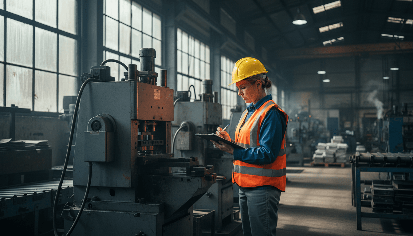 Safety consultant conducting workplace inspection in industrial facility