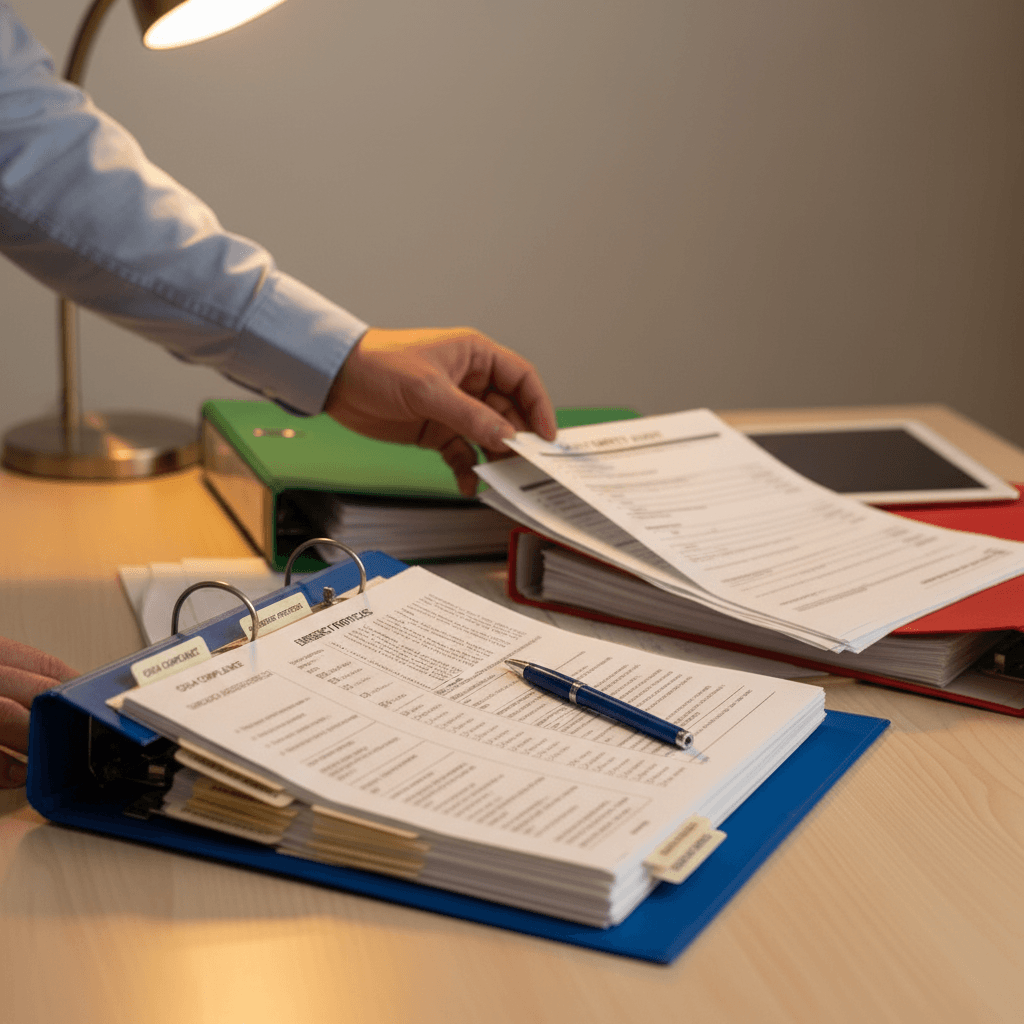 Hands reviewing OSHA safety documents and checklists on a desk