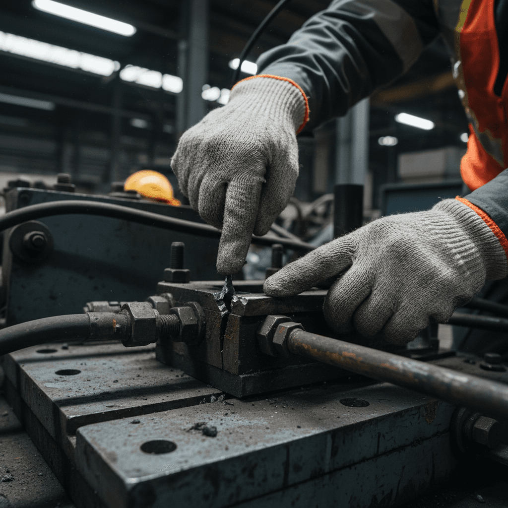 Safety investigator examining damaged machinery on factory floor