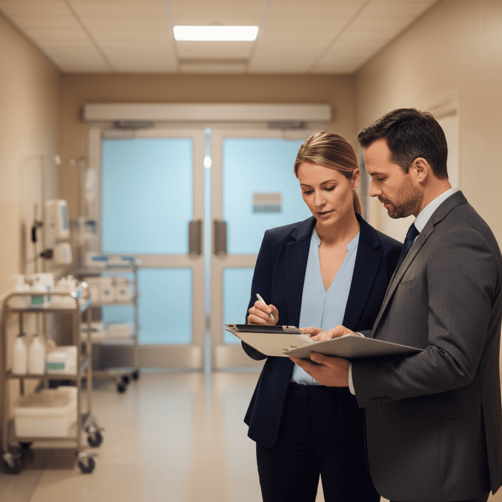 Healthcare compliance specialist consulting with hospital leadership