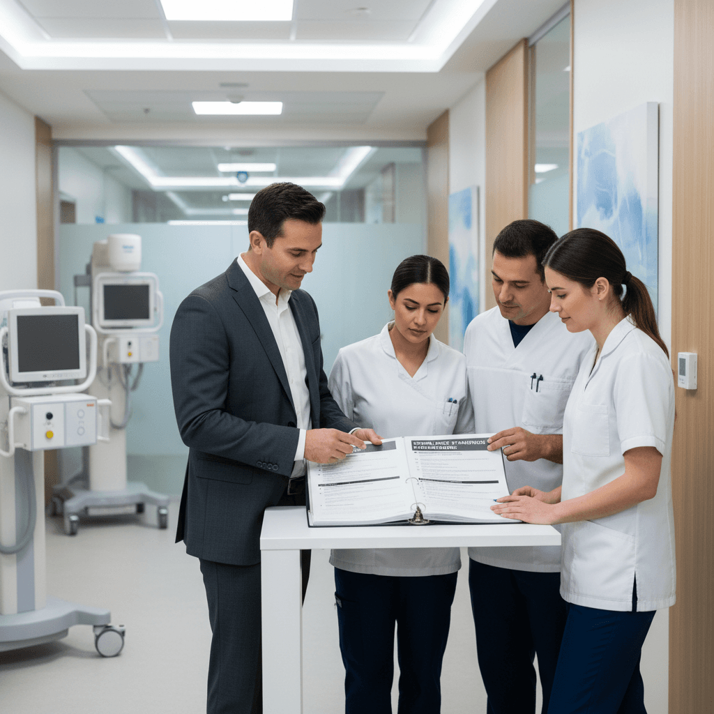 Healthcare consultant reviewing Joint Commission compliance standards with clinic staff