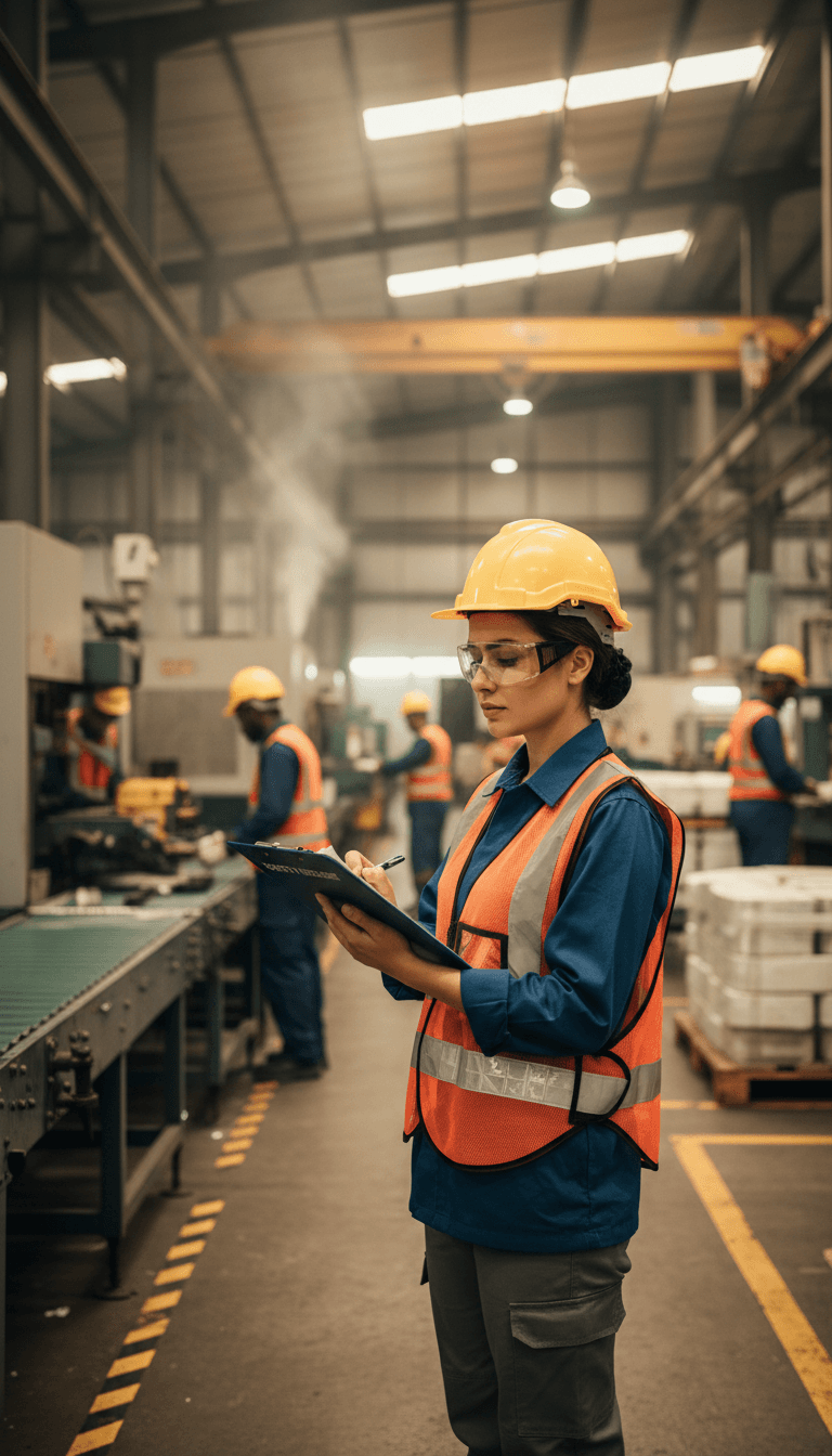 Safety consultant reviewing a clipboard with a checklist in an industrial facility