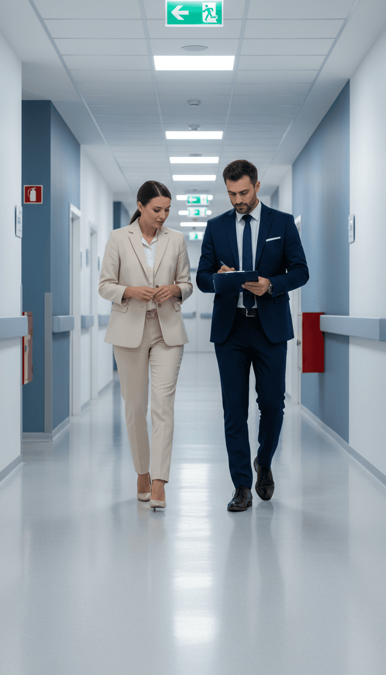 Consultant walking with healthcare manager through facility corridor
